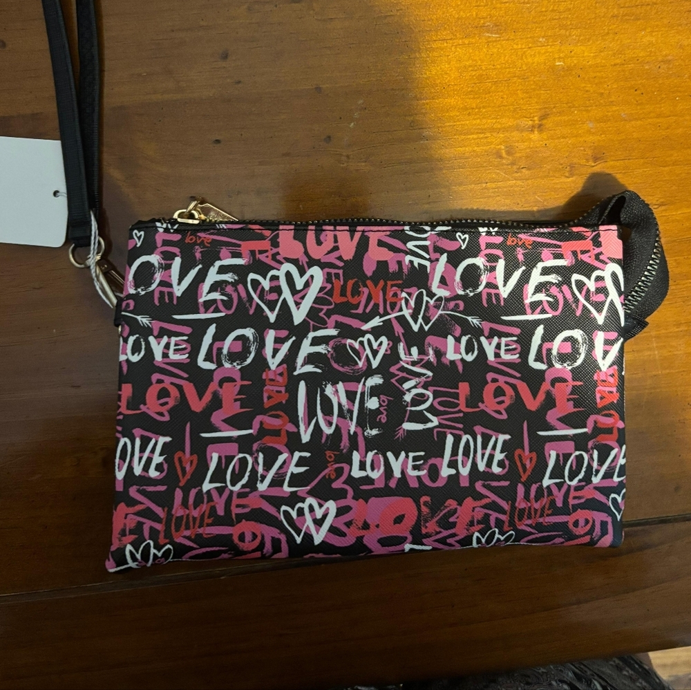 Stylish Pink and Black Love Print Women's Wristlet - Picture 1 of 5